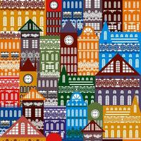 Vector background seamless pattern, consisting of simple houses with patterns in the form of snowflakes on the facades. EPS 10