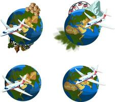 Set of vector images of the globe and airplane. The concept of cargo and cargo transportation around the planet. Cartoon style. EPS 10