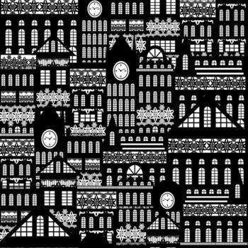 Vector background seamless pattern, consisting of simple houses with patterns in the form of snowflakes on the facades. EPS 10