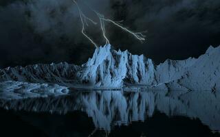 Lightning and snowy mountains, 3d rendering. photo