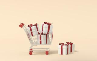 Shopping cart and present box, 3d rendering. photo