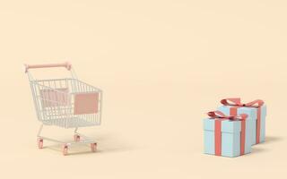 Shopping cart and present box, 3d rendering. photo