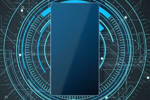 Mobile phone with glowing HUD circle background, 3d rendering. photo