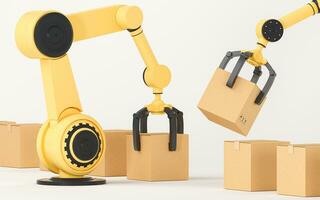 The robotic arm picks up the box, 3d rendering. photo