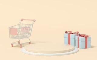 Empty merchandise stage with shopping cart and present box, 3d rendering. photo