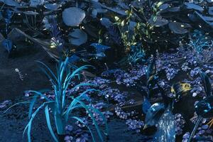 Living metallic plants with dark background,abstract conception,3d rendering. photo
