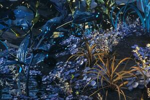 Living metallic plants with dark background,abstract conception,3d rendering. photo