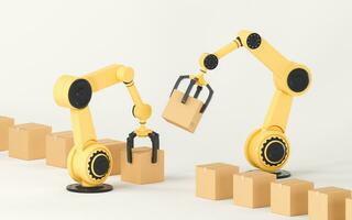 The robotic arm picks up the box, 3d rendering. photo