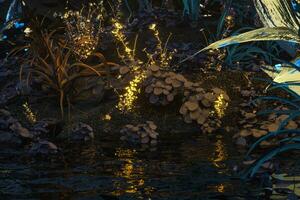 Living metallic plants with dark background,abstract conception,3d rendering. photo
