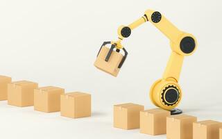 The robotic arm picks up the box, 3d rendering. photo