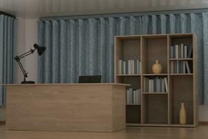 Private work place with wooden desk and decorative lamp, 3d rendering. photo