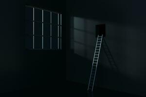 Conceptual room with a ladder lead to outside, 3d rendering. photo