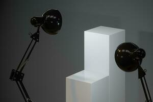 Decorative lamps with empty cube podium, 3d rendering. photo