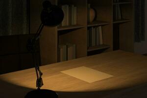 privado trabajo sitio con de madera escritorio a noche, 3d representación. foto