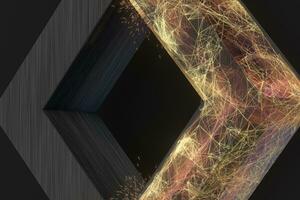 Golden abstract lines and crystals with black background, 3d rendering. photo