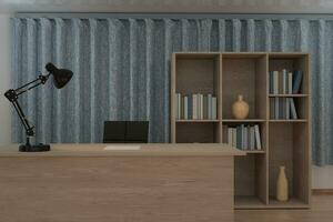 Private work place with wooden desk and decorative lamp, 3d rendering. photo