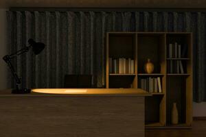 Private work place with wooden desk at night, 3d rendering. photo