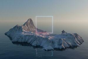 Neon square on the island of snow mountain on the sea, 3d rendering. photo