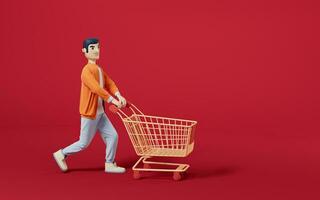 A man pushes an empty shopping cart, 3d rendering. photo