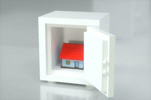 el pequeño casa modelo en el seguro caja, 3d representación. foto