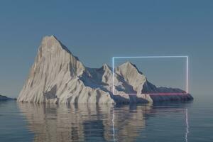 Neon square on the island of snow mountain on the sea, 3d rendering. photo