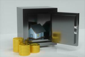 The small house model beside the golden coins, 3d rendering. photo