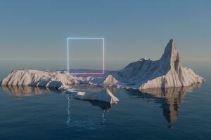 neón cuadrado en el isla de nieve montaña en el mar, 3d representación. foto