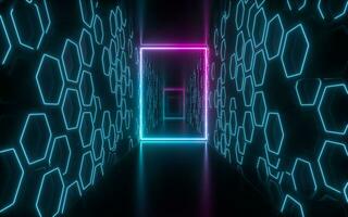 Dark tunnel with glowing neon lines, 3d rendering. photo