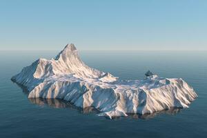 un isla de nieve montaña en el mar, 3d representación. foto