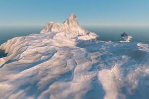 un isla de nieve montaña en el mar, 3d representación. foto