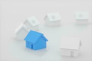 A small blue house model beside the white houses, 3d rendering. photo