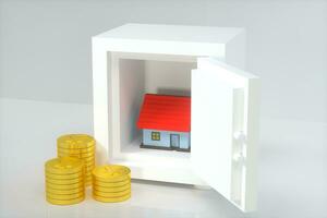 el pequeño casa modelo junto a el dorado monedas, 3d representación. foto