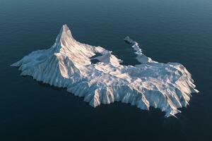 un isla de nieve montaña en el mar, 3d representación. foto