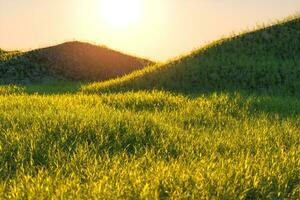 Grass field and mountains with bright background,3d rendering. photo