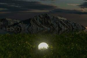 Glowing magic balls in the grass field, 3d rendering. photo