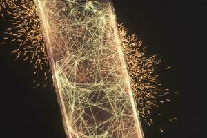 Golden abstract lines and crystals with black background, 3d rendering. photo