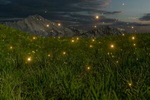 Flying glowworm over the grass field, 3d rendering. photo