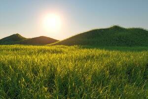 Grass field and mountains with bright background,3d rendering. photo