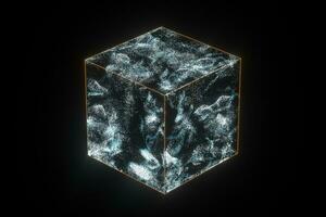 Glass cube with glowing particles inside, 3d rendering. photo