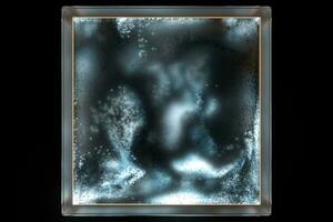 Frosted glass cube with glowing particles inside, 3d rendering. photo