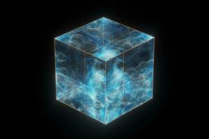 Glass cube with glowing particles inside, 3d rendering. photo