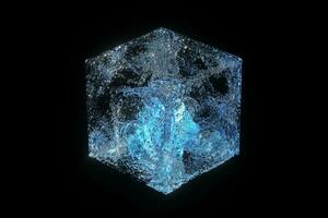 Glass cube with glowing particles inside, 3d rendering. photo