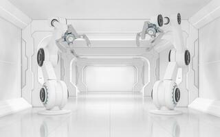 Robotic arms in the white futuristic room, 3d rendering. photo