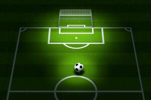 el fútbol americano en el fútbol americano campo con parte superior ligero iluminado, 3d representación. foto