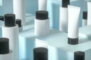 Blank cosmetic bottle with cubic background, 3d rendering. photo