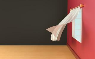 Empty room with blowing curtain, interior background, 3d rendering. photo