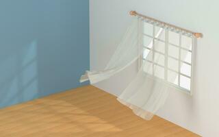 Empty room with blowing curtain, interior background, 3d rendering. photo