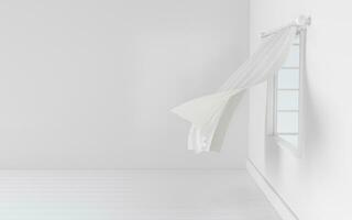 Empty room with blowing curtain, interior background, 3d rendering. photo