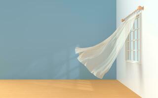 Empty room with blowing curtain, interior background, 3d rendering. photo