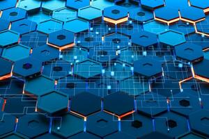 Glowing hexagonal cubes background, hi-tech cyberspace, 3d rendering. photo